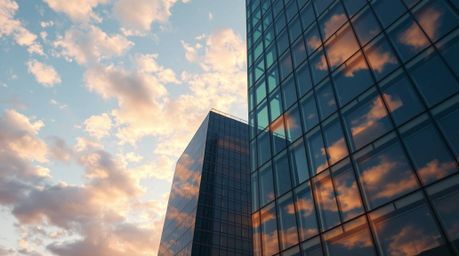 A modern glass building dissolving into the sky and clouds, bathed in warm golden hour light, evokes a sense of ambition and 