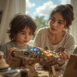 Exquisite high-fashion photography captures a young boy with messy brown hair, building an intricately designed cardboard spa