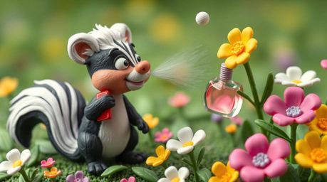 A whimsical cartoon skunk is depicted spraying perfume onto vibrant flowers, rendered as a sculptural clay art piece.  The im
