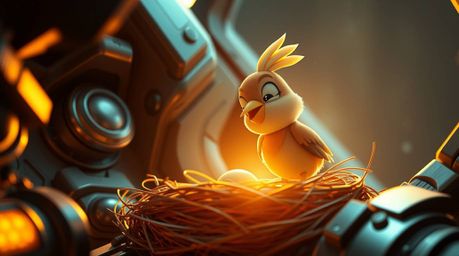 Experience a unique blend of futuristic sci-fi and classic animation in this stunning artwork. Two cartoon birds are diligent