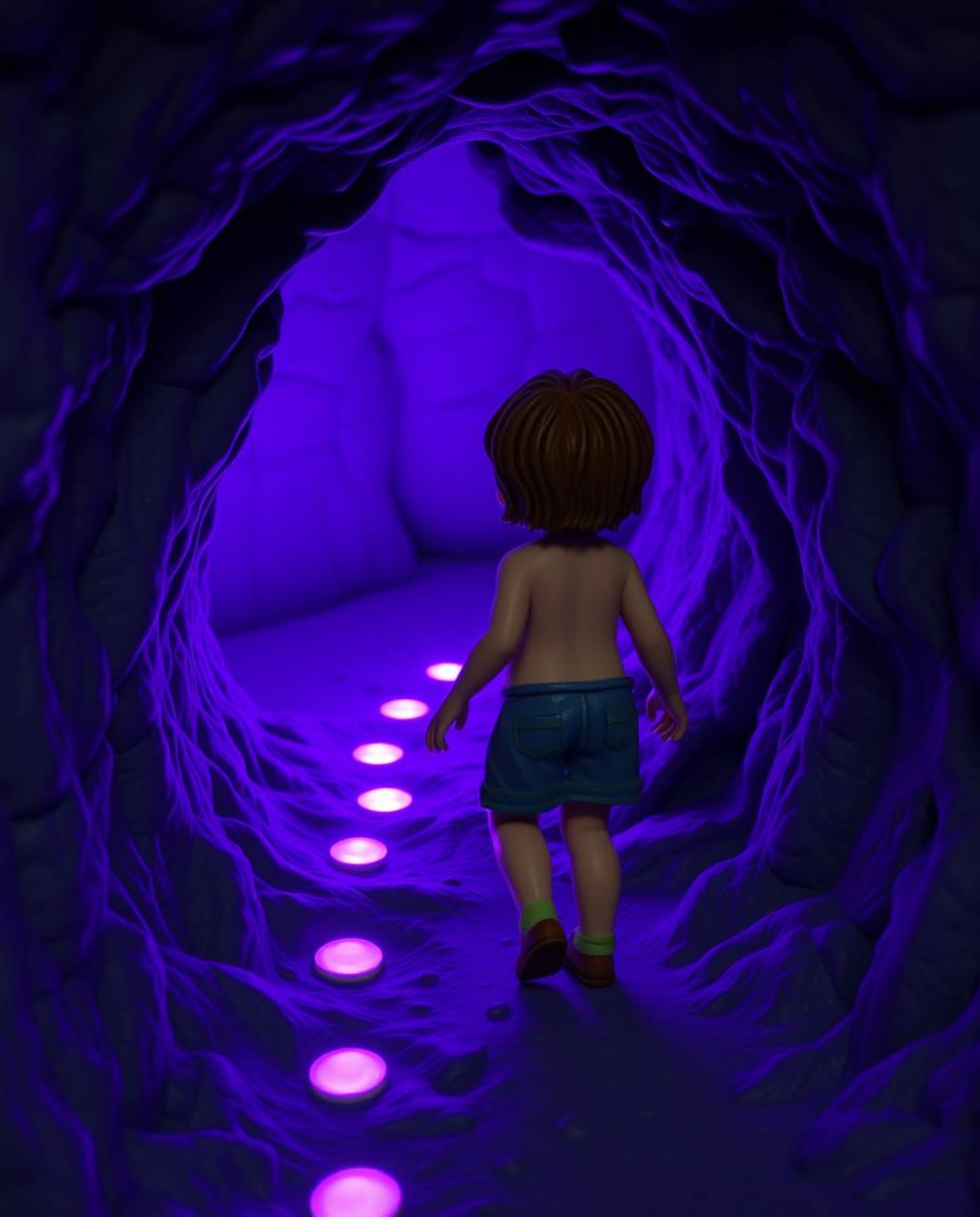A deep ultraviolet sculptural clay artwork depicts a fair-skinned child with brown hair following a trail of glowing purple f