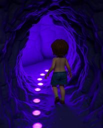 A deep ultraviolet sculptural clay artwork depicts a fair-skinned child with brown hair following a trail of glowing purple f