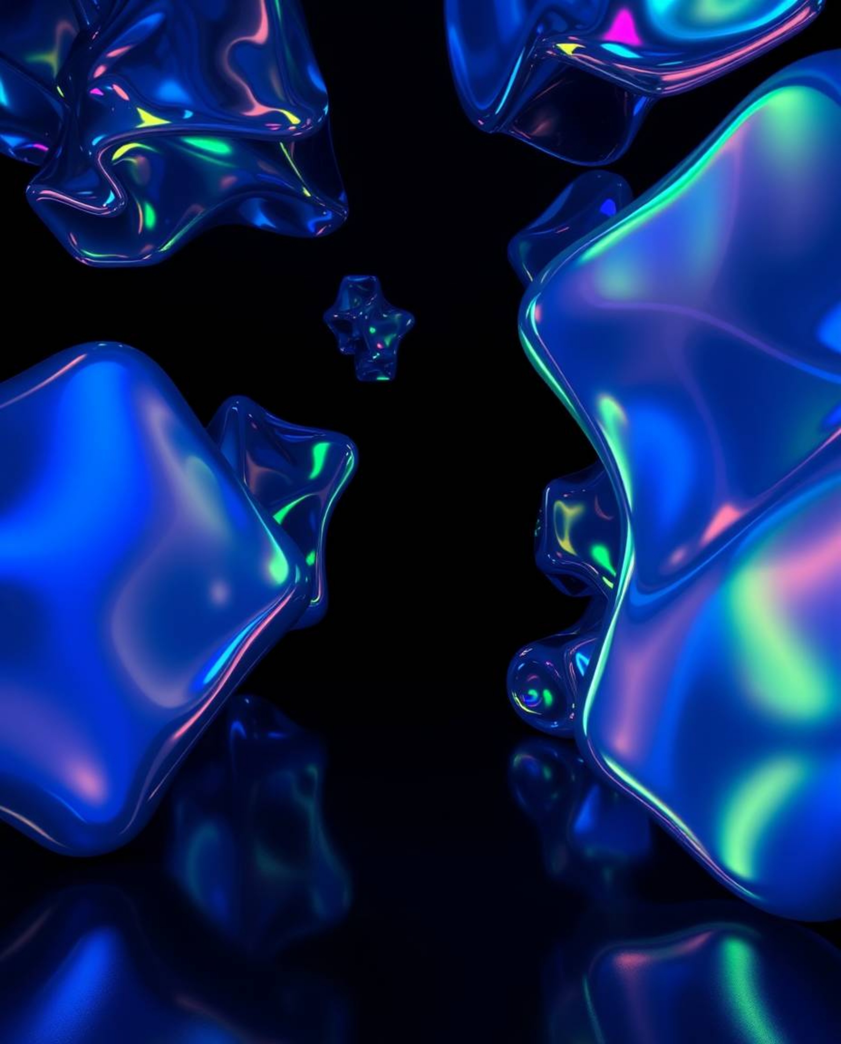 Explore a surreal digital space where high contrast, low-key lighting illuminates iridescent abstract 3D shapes. The interpla