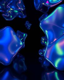 Explore a surreal digital space where high contrast, low-key lighting illuminates iridescent abstract 3D shapes. The interpla