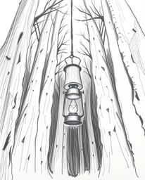 Explore a high-angle, hand-drawn sketch featuring a glowing lantern illuminating a dark forest.  The image utilizes rough lin