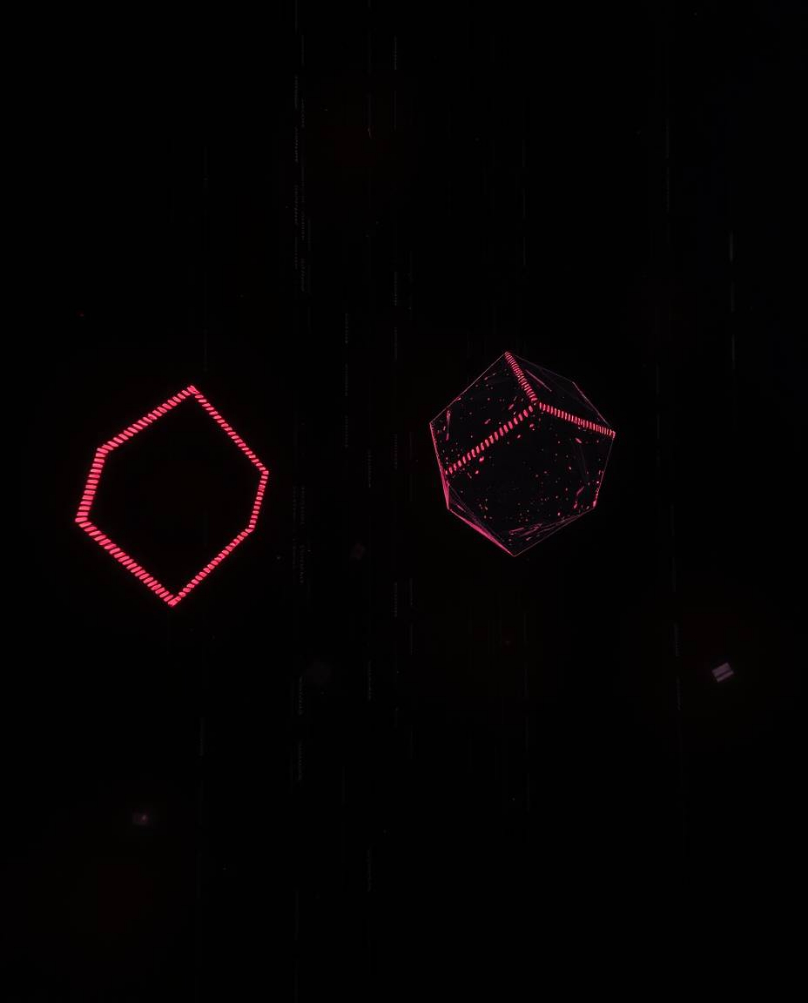 Eerie and unsettling, this digital artwork features glitched geometric shapes floating in a dark cyberspace matrix.  High-con