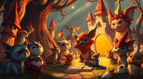 Explore a fantastical kingdom brimming with whimsical magical creatures, bathed in the inviting glow of warm, strong light. F