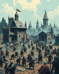 Immerse yourself in a chilling battlefield scene where time-warped soldiers clash amidst crumbling structures. Dominated by c
