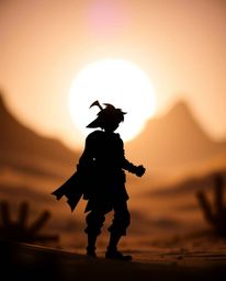 Explore a captivating desert adventure with a silhouetted, Disney-style hero sharply focused against a soft, blurred bokeh ba