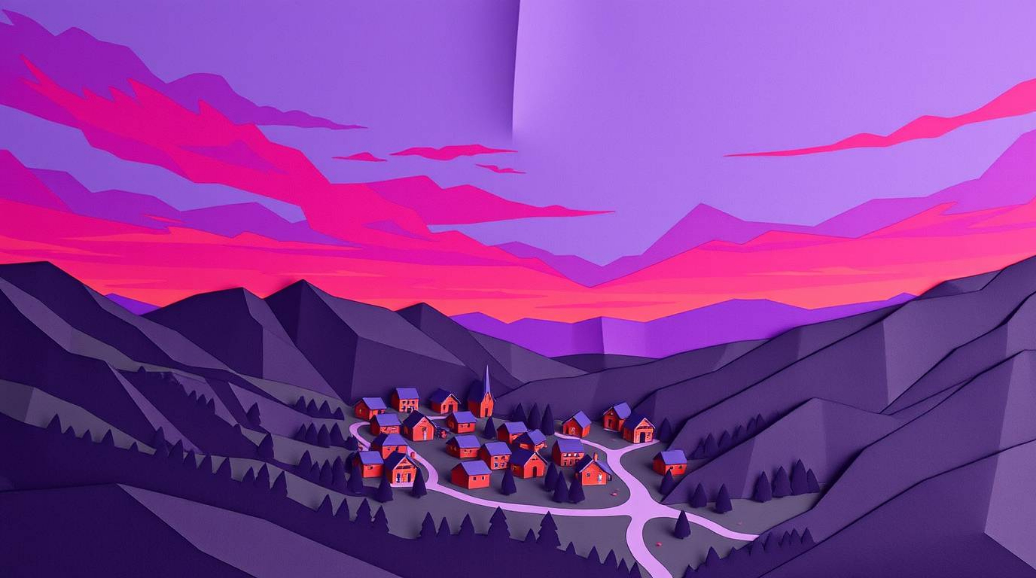Experience the serene beauty of a cozy village nestled in a valley, rendered in intricate origami style.  Deep ultraviolet hu