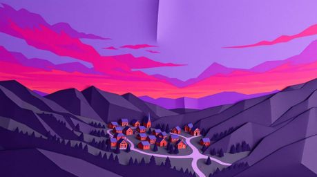 Experience the serene beauty of a cozy village nestled in a valley, rendered in intricate origami style.  Deep ultraviolet hu
