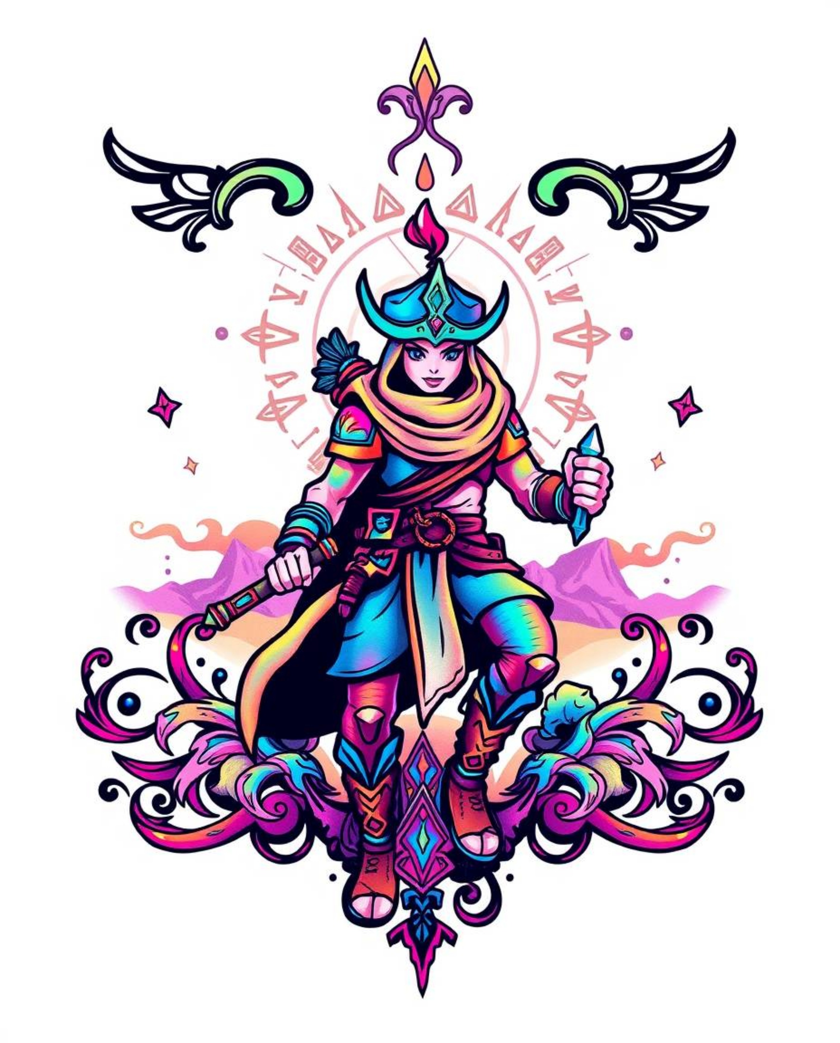 A vibrant and symbolic tattoo art print featuring a brave Disney hero embarking on a desert adventure.  The design showcases 