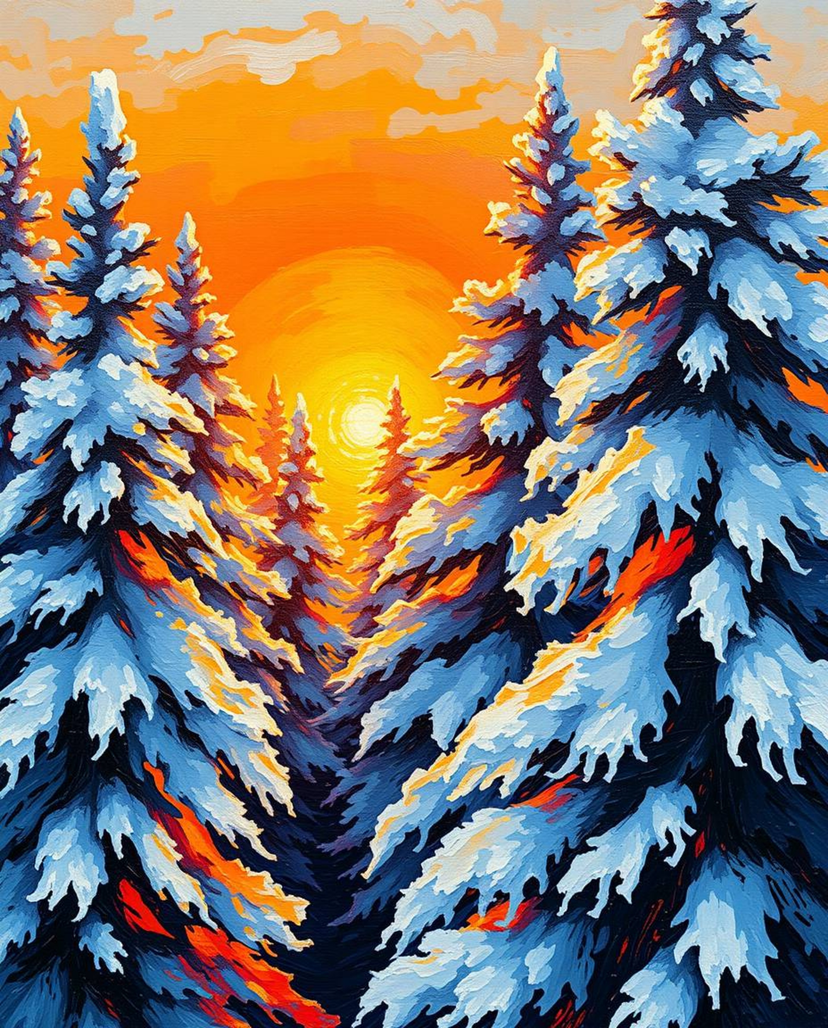 Close-up bold acrylic painting of snowy pine trees sparkling in vibrant sunset light. Textured brushstrokes, detailed focus, 