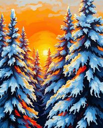 Close-up bold acrylic painting of snowy pine trees sparkling in vibrant sunset light. Textured brushstrokes, detailed focus, 