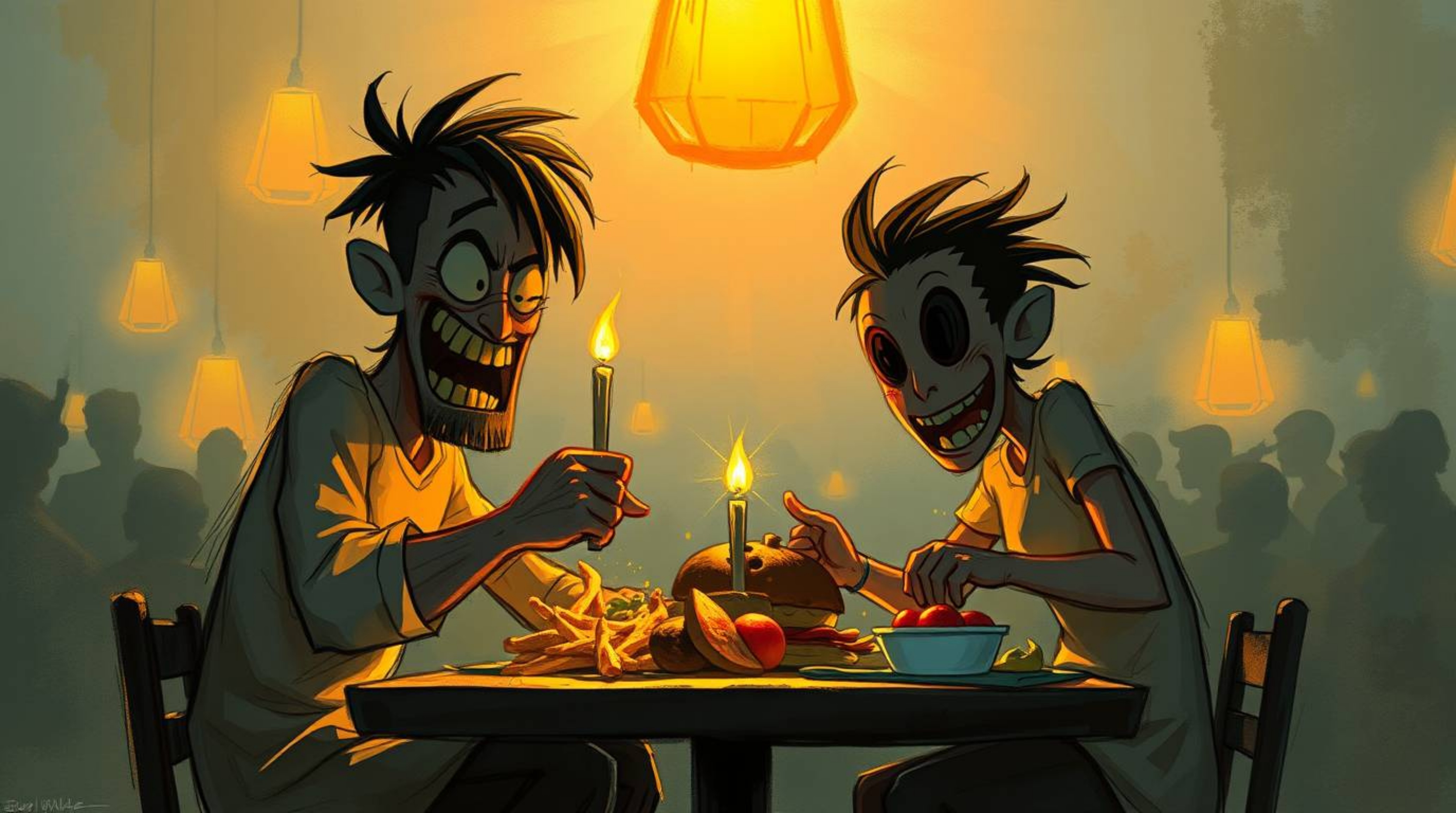 Experience the chaos of a wild food fight in a cartoon cafeteria, rendered in a dynamic digital sketch style reminiscent of u