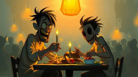 Experience the chaos of a wild food fight in a cartoon cafeteria, rendered in a dynamic digital sketch style reminiscent of u