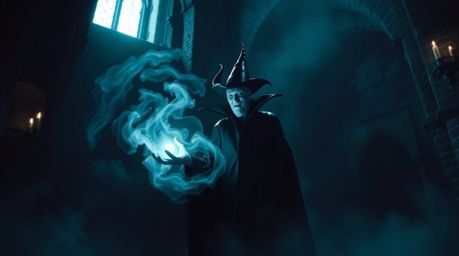A captivating image depicts a classic Disney villain immersed in the act of casting a spell within the aged walls of an old c