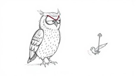 A heartwarming hand-drawn sketch in the style of Pixar portrays a blind owl with soft, feathery texture dedicatedly teaching 