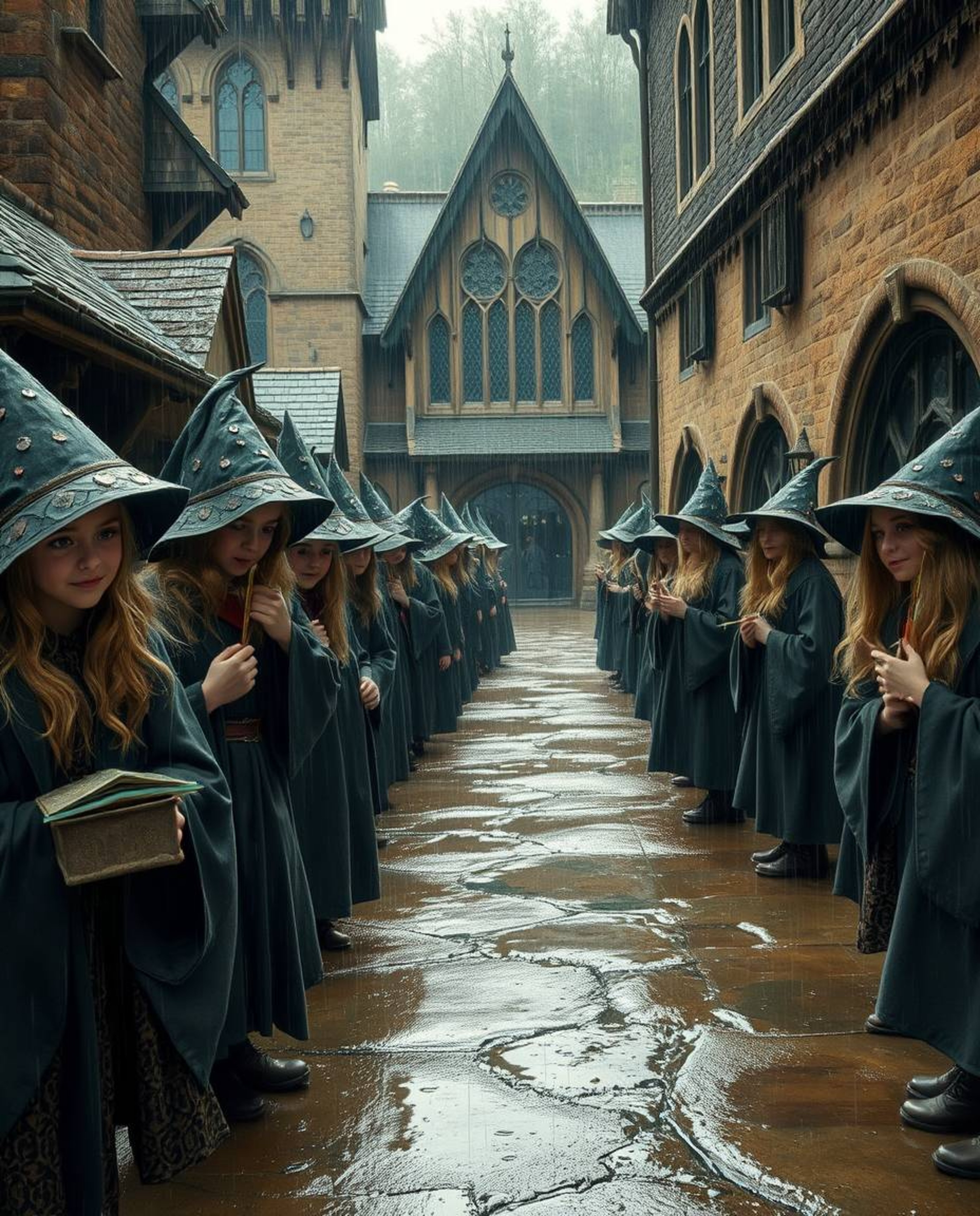 Immerse yourself in a magical school brimming with young wizards, captured in a captivating wet and rainy scene. The artwork 