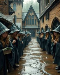Immerse yourself in a magical school brimming with young wizards, captured in a captivating wet and rainy scene. The artwork 