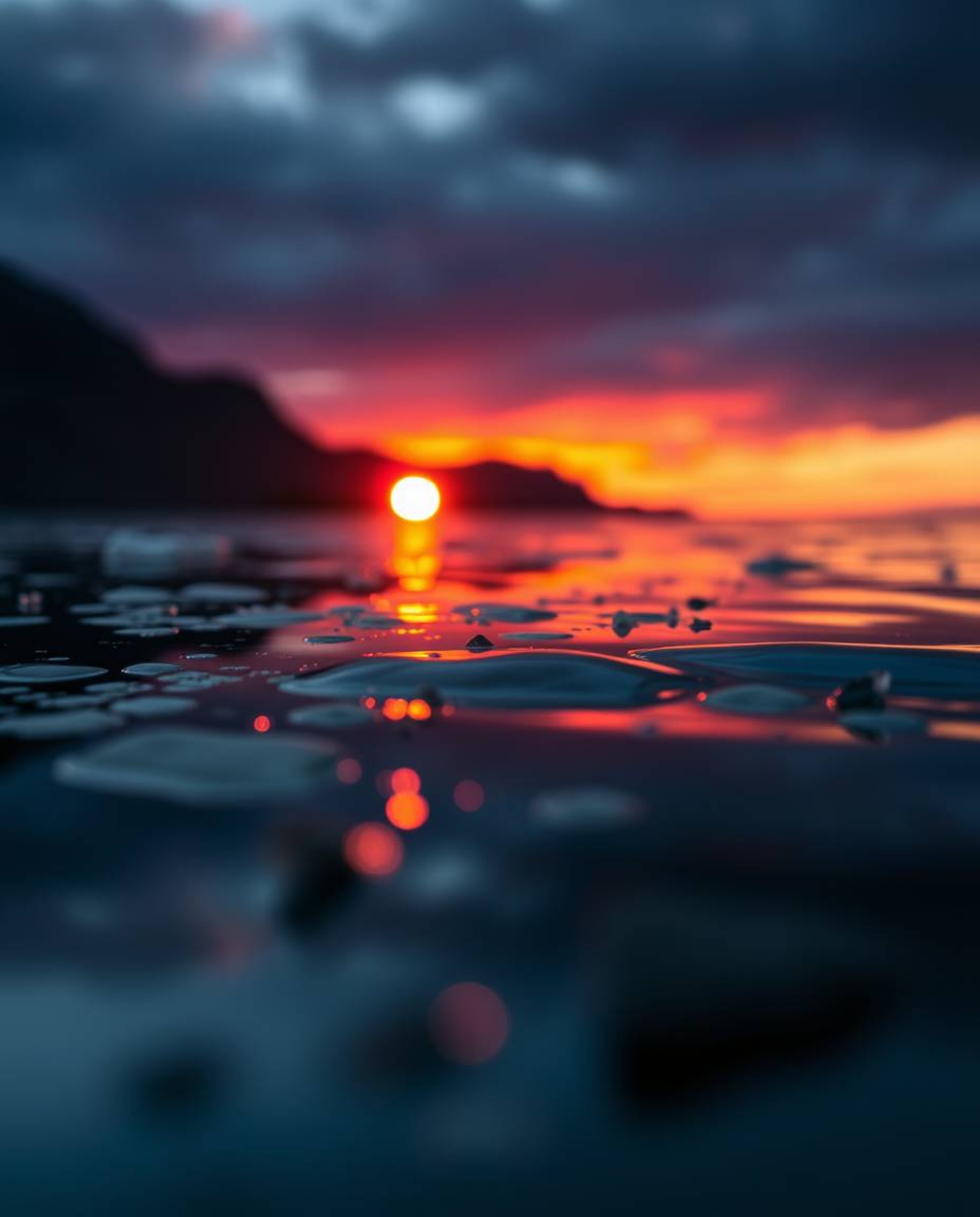 An extreme macro close-up photograph captures a sunset reflected in a glassy fjord. This piece is characterized by its use of