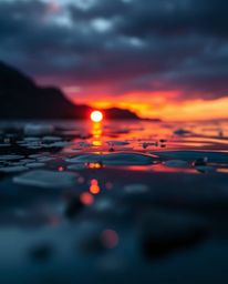 An extreme macro close-up photograph captures a sunset reflected in a glassy fjord. This piece is characterized by its use of