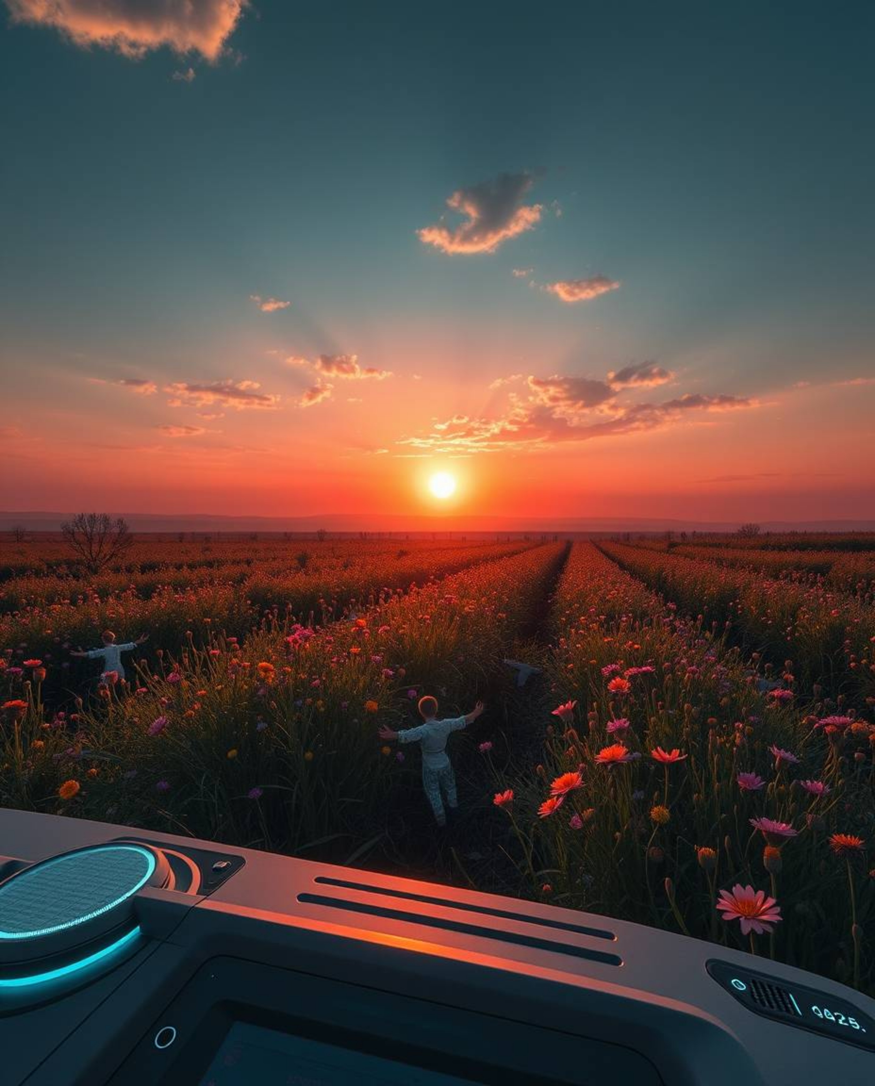 A high-angle, futuristic sci-fi styled image that captures a sunset over a spring wildflower meadow from a unique top-down pe