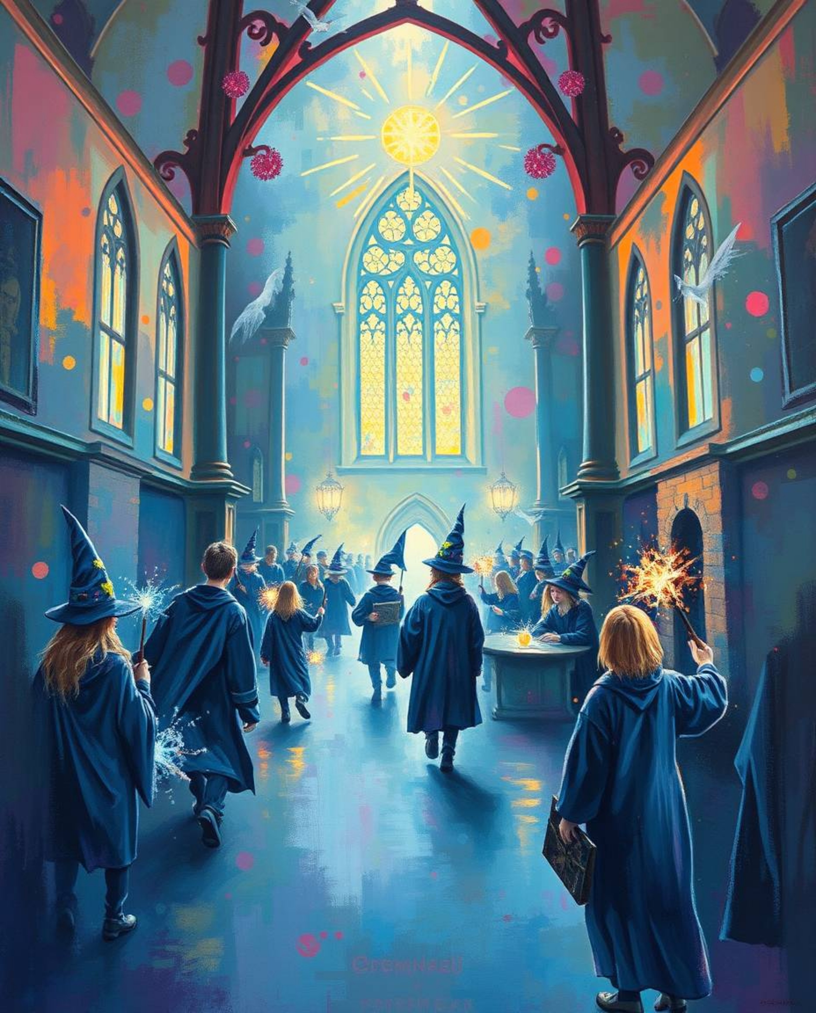Experience an ethereal and spiritual vibe with this bold acrylic painting of a magical school teeming with young wizards. The