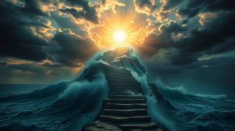 A dreamlike, surreal image unfolds, depicting a dramatic ocean staircase ascending into a stormy sky illuminated by a divine 