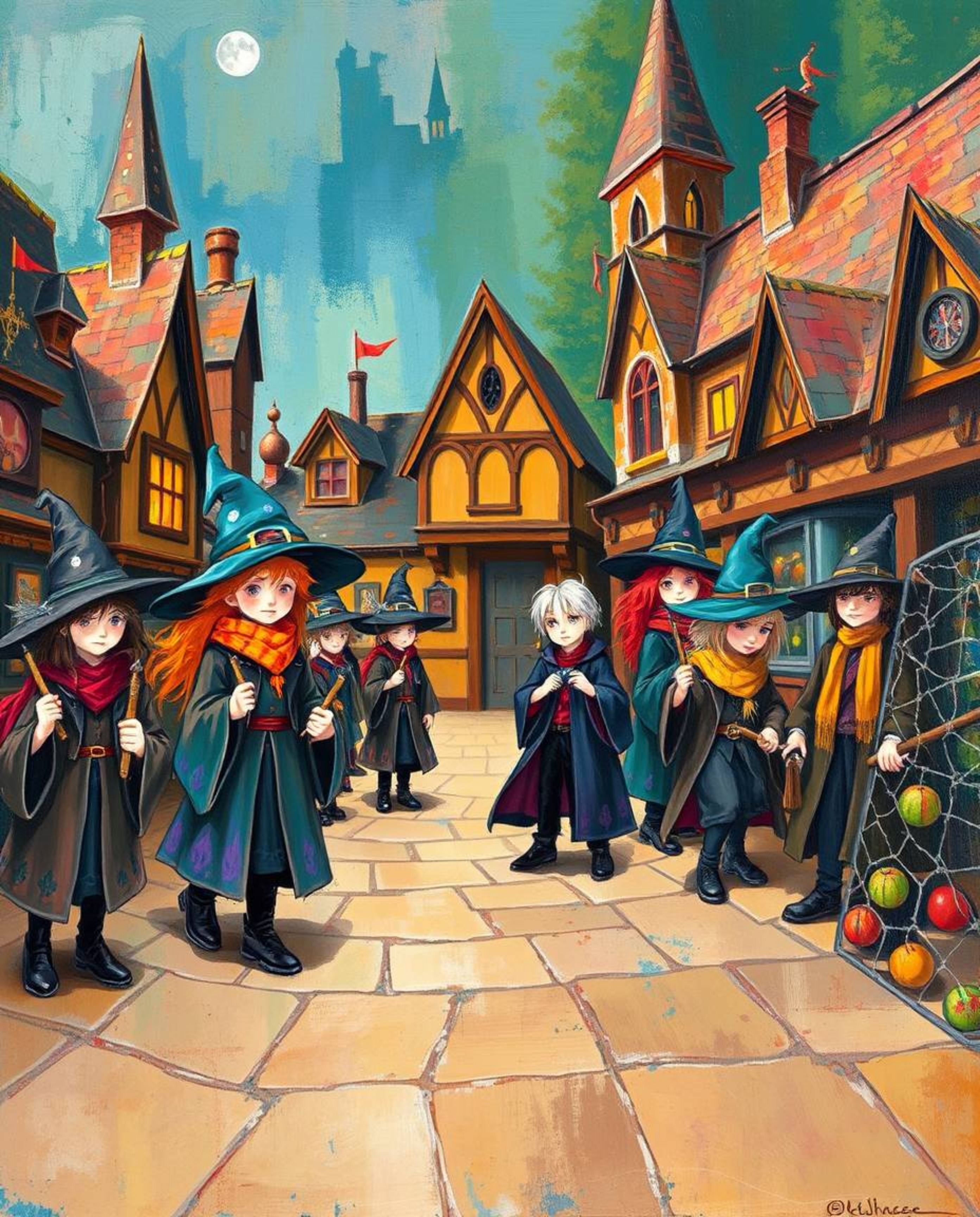 This bold acrylic painting captures the enchanting atmosphere of a magical school filled with young wizards.  The artwork fea