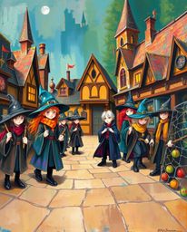 This bold acrylic painting captures the enchanting atmosphere of a magical school filled with young wizards.  The artwork fea