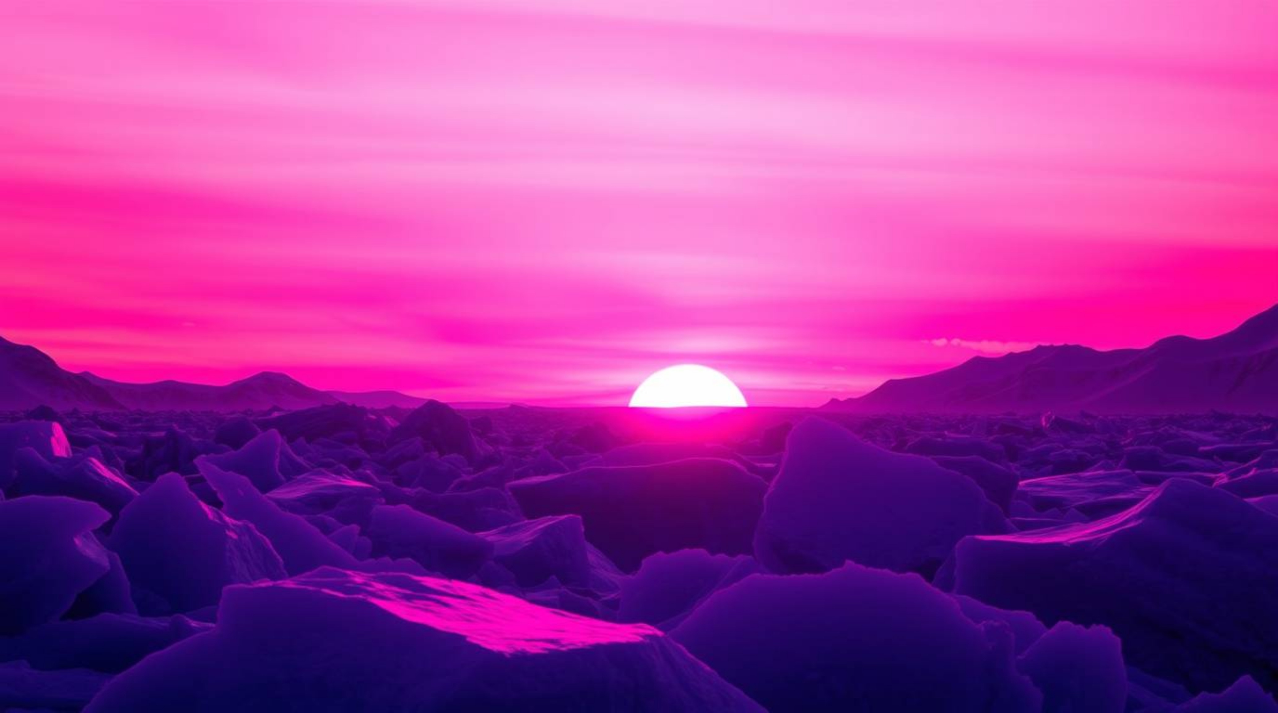A vibrant and high-contrast depiction of a sunset over icy polar glaciers, dominated by deep ultraviolet hues and vivid purpl