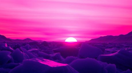 A vibrant and high-contrast depiction of a sunset over icy polar glaciers, dominated by deep ultraviolet hues and vivid purpl