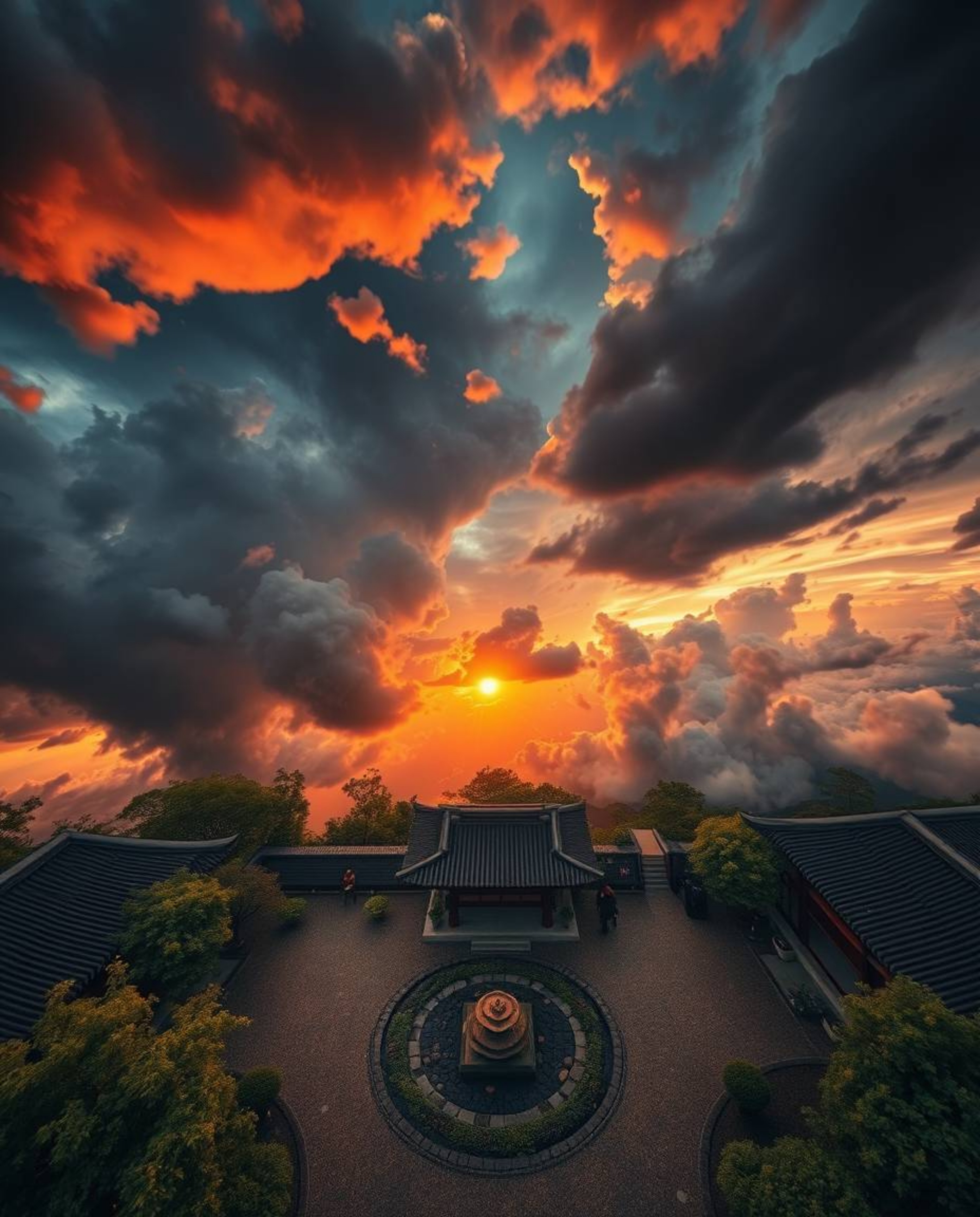 An overhead bird's-eye view of a dramatic sunset over a serene Zen garden, featuring stormy skies and a high-tension atmosphe
