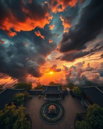 An overhead bird's-eye view of a dramatic sunset over a serene Zen garden, featuring stormy skies and a high-tension atmosphe