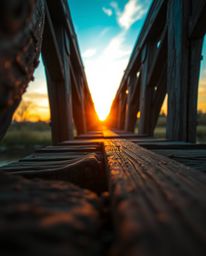 An extreme macro close-up photograph of an old wooden bridge over a river at sunset. The image is rendered in electric, vivid