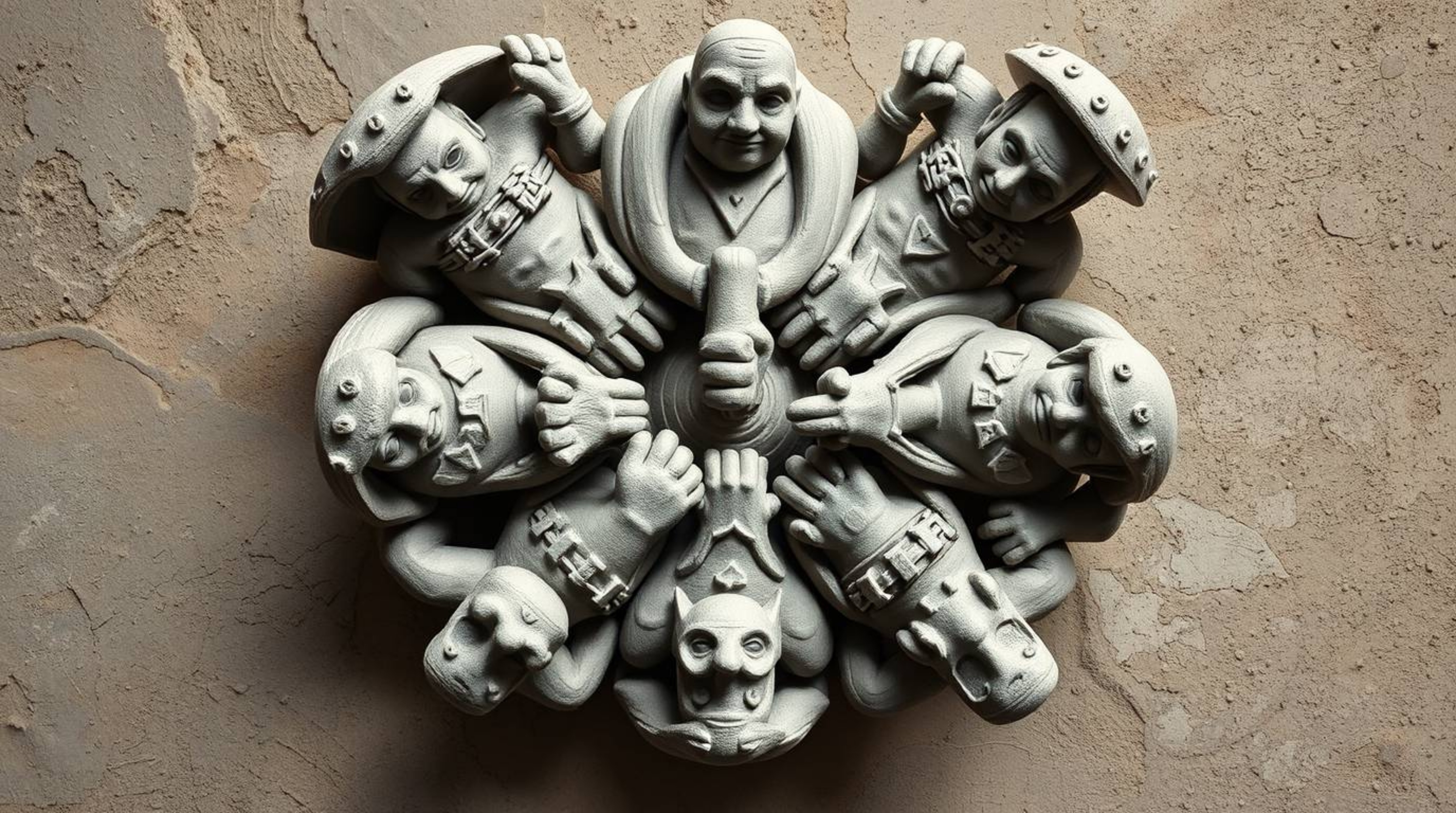 This overhead view showcases a sculptural clay art piece depicting a team of misfit heroes uniting. The top-down perspective 