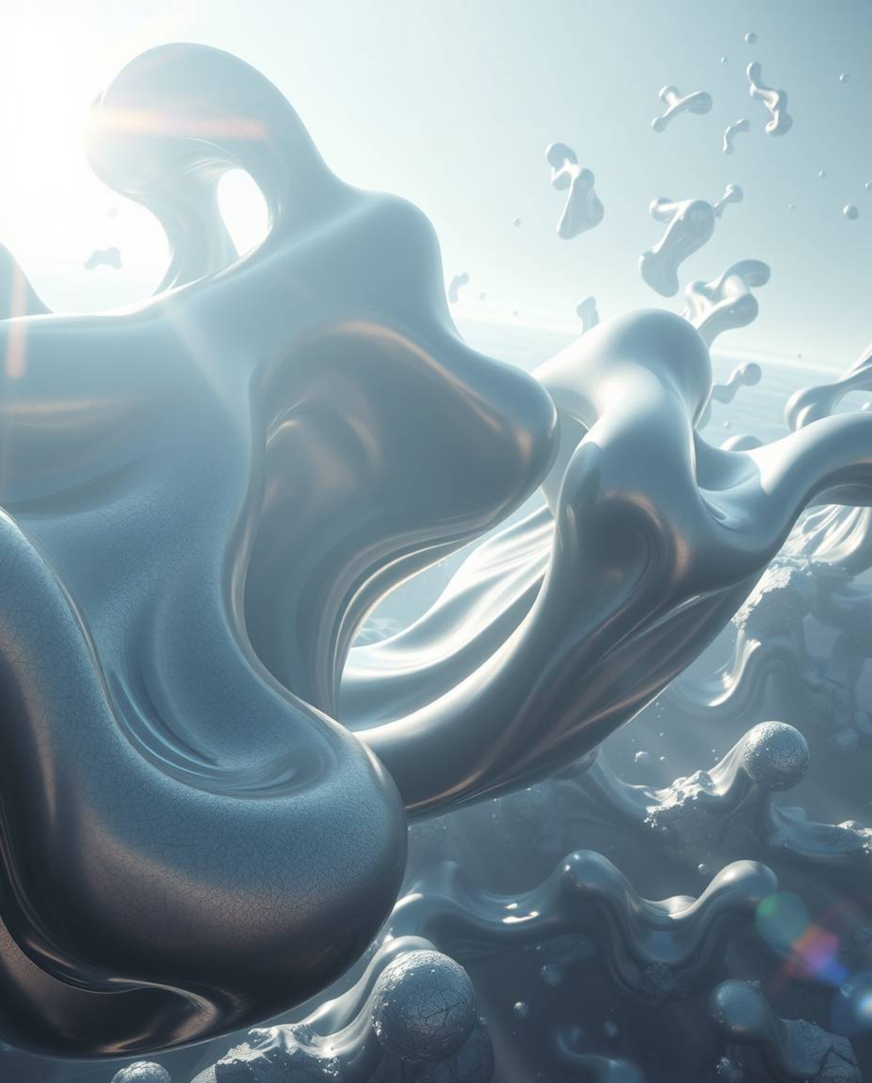 Experience an epic scene showcasing massive, smooth 3D fluid shapes with captivating metallic textures effortlessly floating 