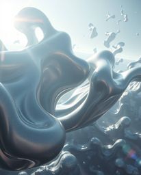 Experience an epic scene showcasing massive, smooth 3D fluid shapes with captivating metallic textures effortlessly floating 