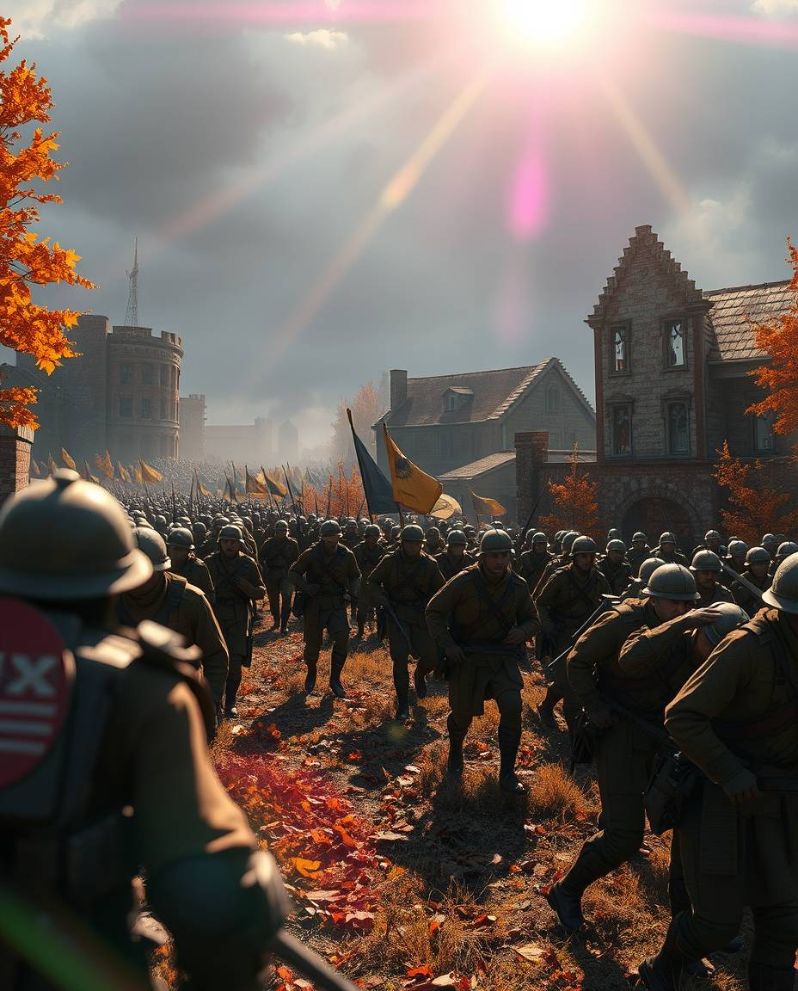 A striking digital photograph capturing a battlefield frozen in time, featuring time-warped soldiers amidst crumbling buildin