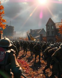 A striking digital photograph capturing a battlefield frozen in time, featuring time-warped soldiers amidst crumbling buildin