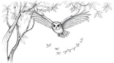 A hand-drawn sketch in a textured pencil style, reminiscent of Pixar animation, showcases a blind owl gliding effortlessly be