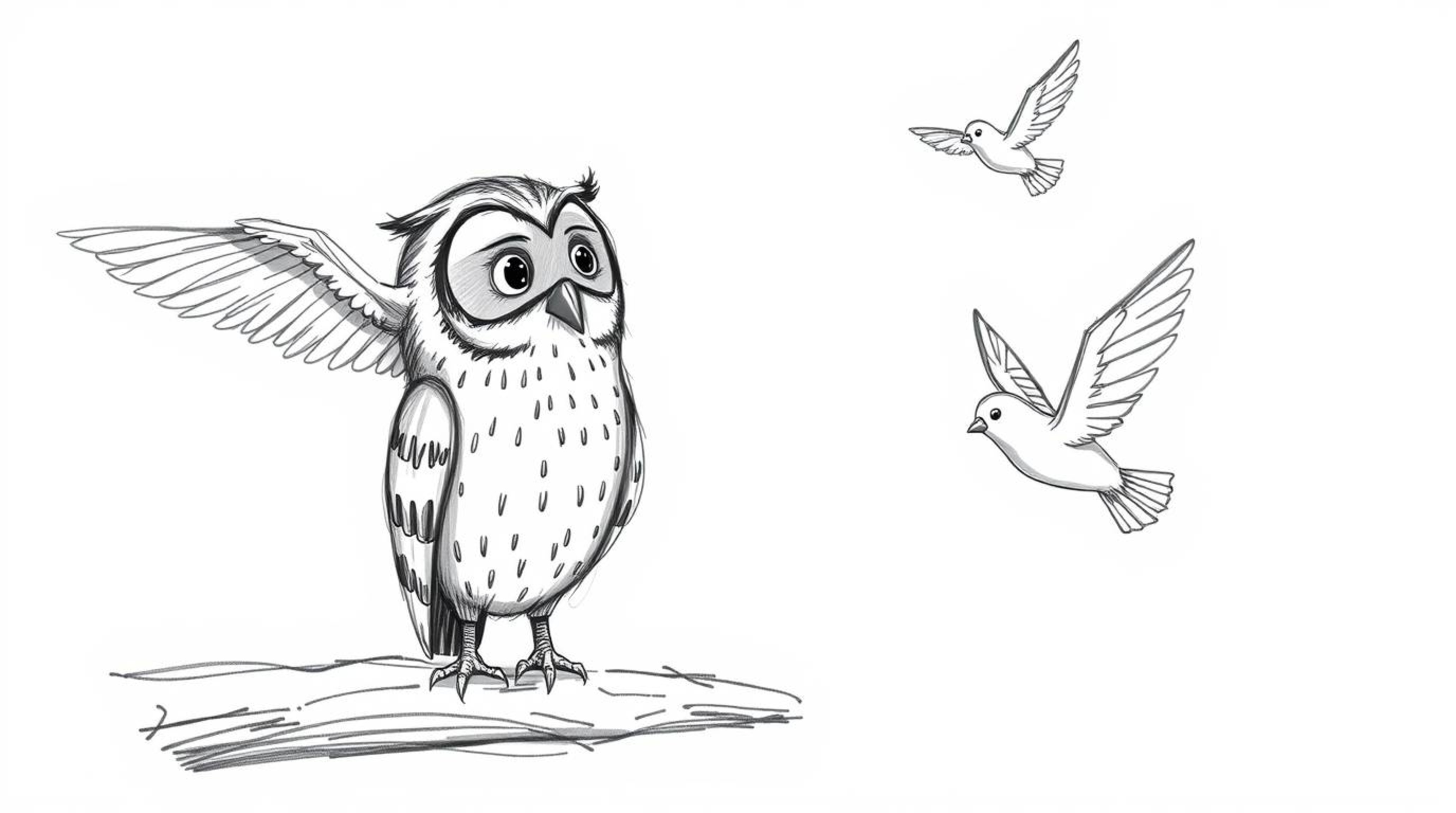 A heartwarming hand-drawn sketch in the style of Pixar depicts a blind owl, rendered with textured pencil strokes and rough l