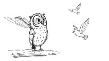 A heartwarming hand-drawn sketch in the style of Pixar depicts a blind owl, rendered with textured pencil strokes and rough l
