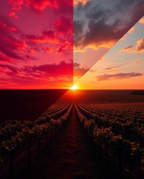A grand and epic scene of a sunset over a vineyard, dramatically split into distinct sections where bold areas of color creat