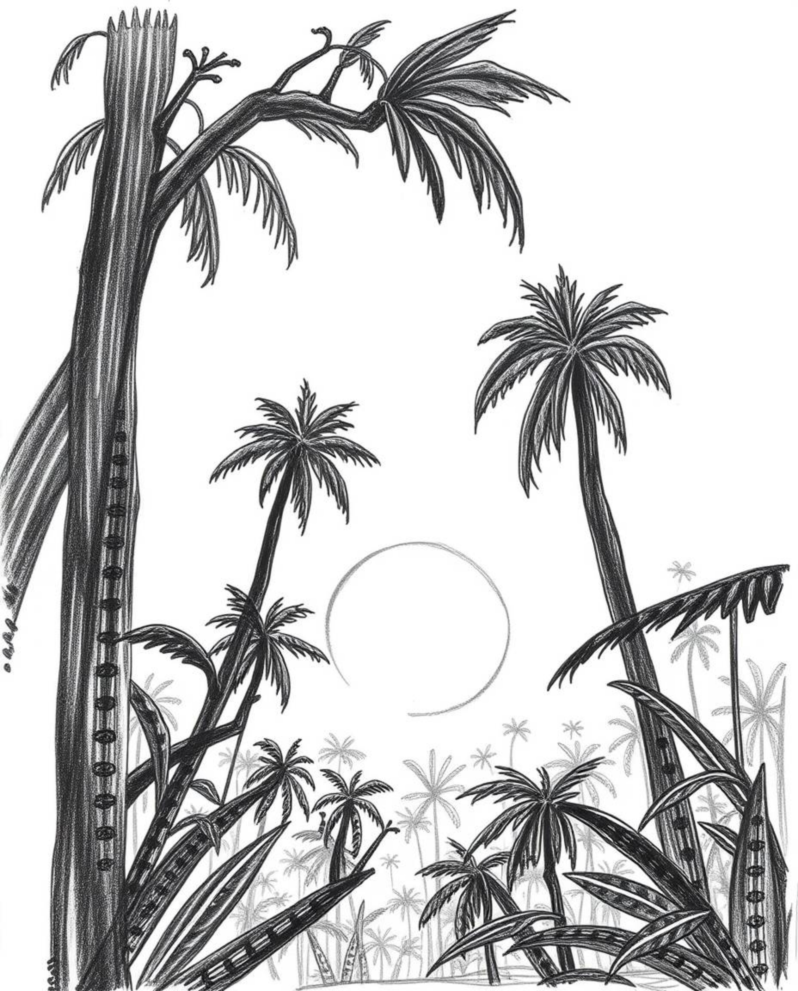 A classic black and white hand-drawn sketch depicts a captivating sunset seen through a dense jungle canopy. This piece is ch