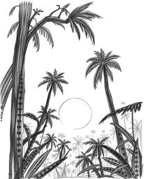A classic black and white hand-drawn sketch depicts a captivating sunset seen through a dense jungle canopy. This piece is ch