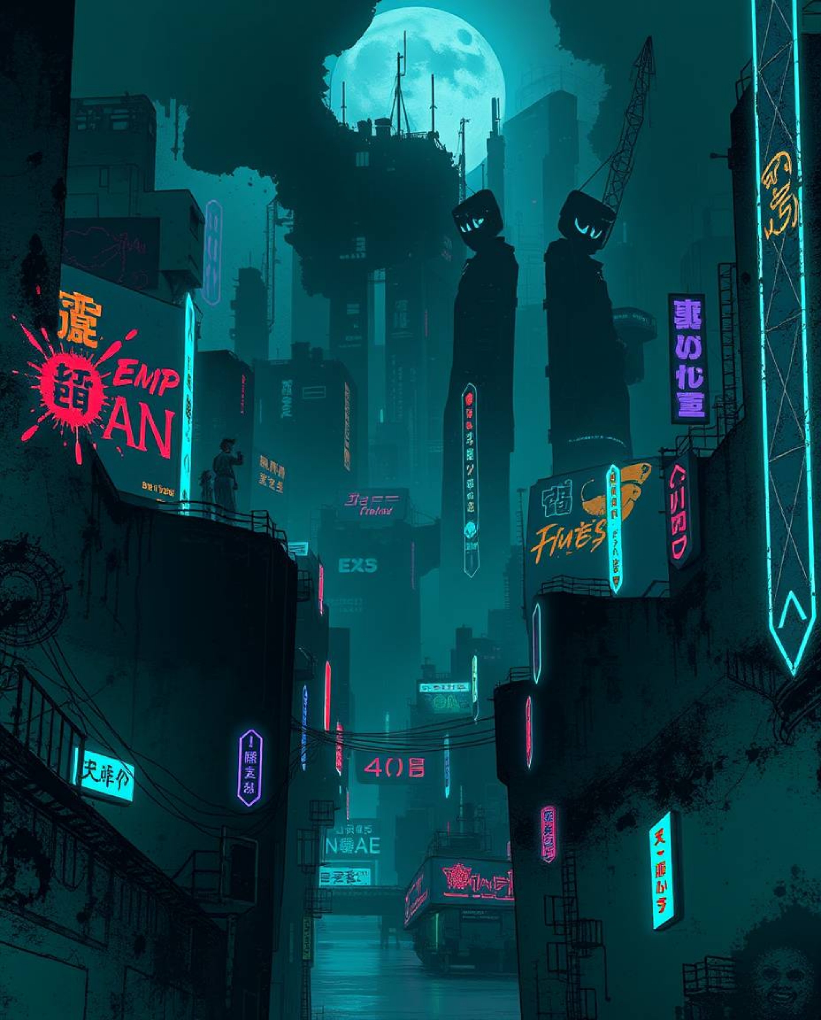 Immerse yourself in a digital illustration of a cyberpunk cityscape, where vibrant neon splashes collide with dark tones to c