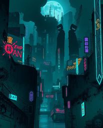 Immerse yourself in a digital illustration of a cyberpunk cityscape, where vibrant neon splashes collide with dark tones to c