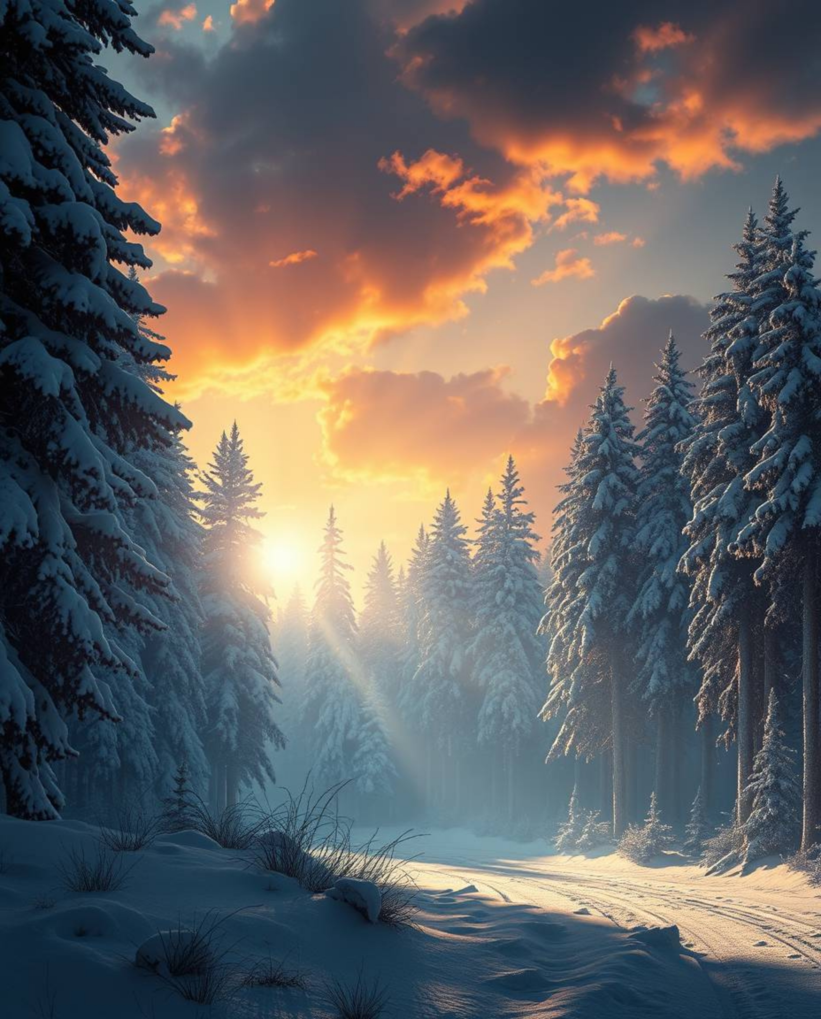 A photograph depicts a grand, epic scene of sunset light sparkling on snowy pine trees within a modern future setting. The la